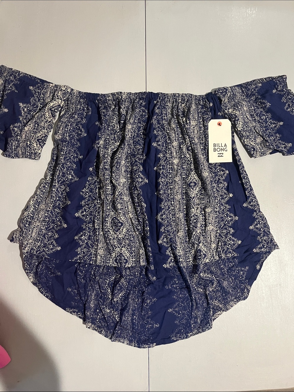 Billabong Navy and White Off-Shoulder Printed Women's Top